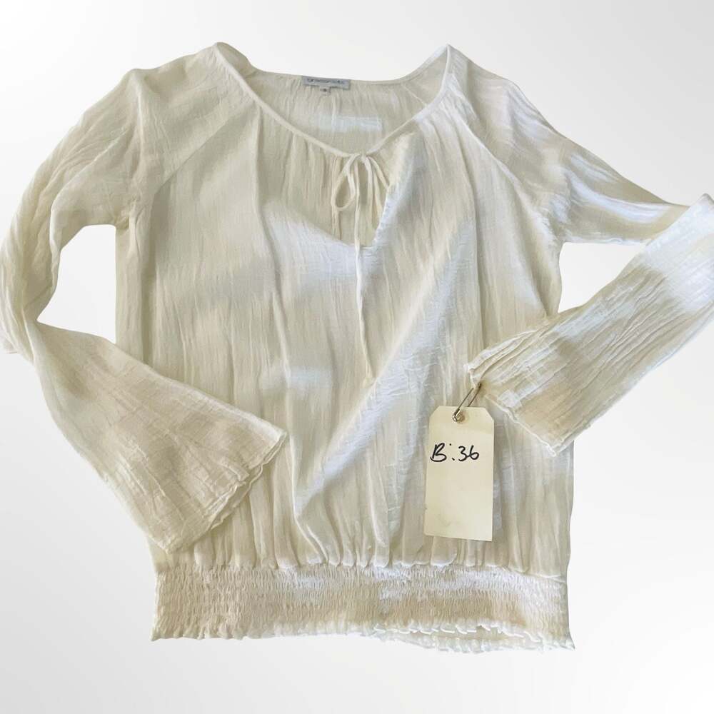 Grassroots White 100% Cotton Gauze Peasant Blouse Long Sleeve Tie Neck - Picture 4 of 8